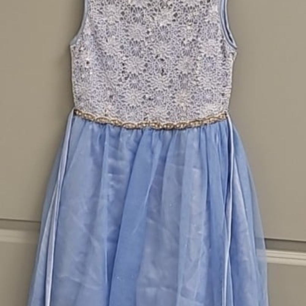 Rare Editions Blue and White Lace Formal Dress